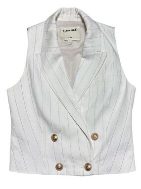 L'AGENCE Fable Double Breasted Linen Blend Pinstripe Button Vest Ecru/Gold Sz 2